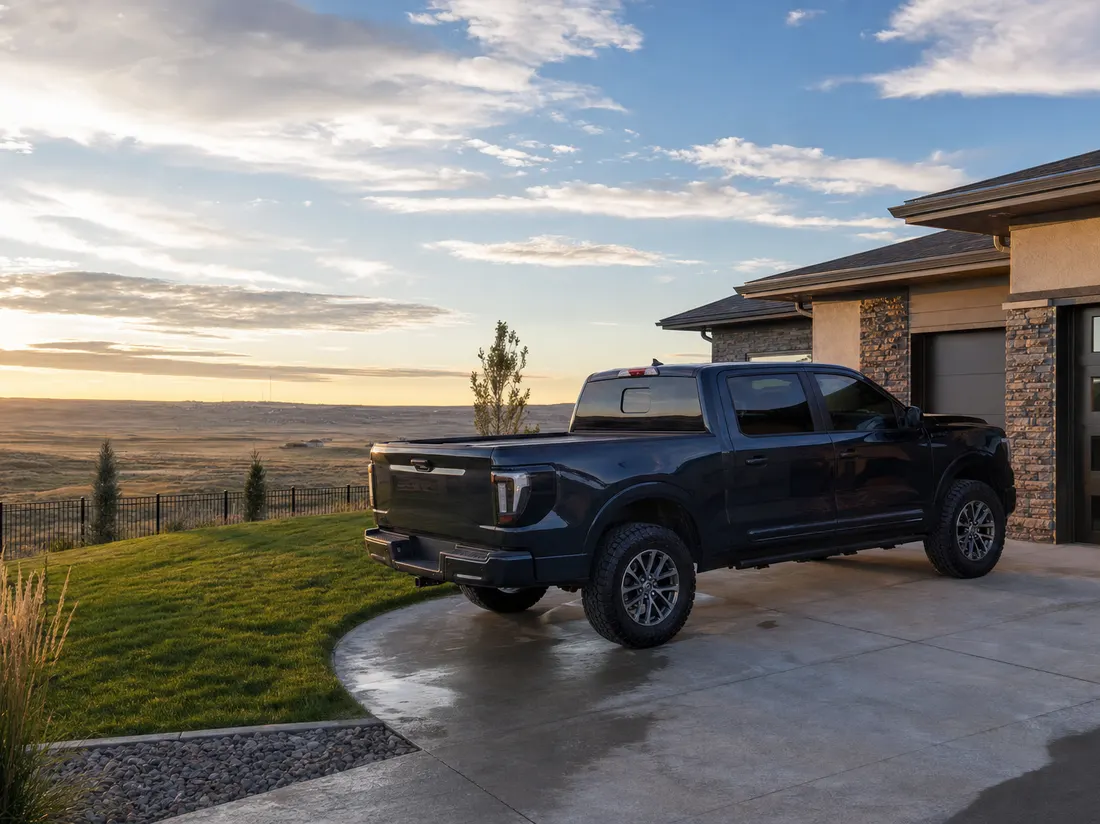 Newer pickup outside a recently built home in Gillette Wyoming with open sagebrush prairie past the back fence - selling a car in Gillette