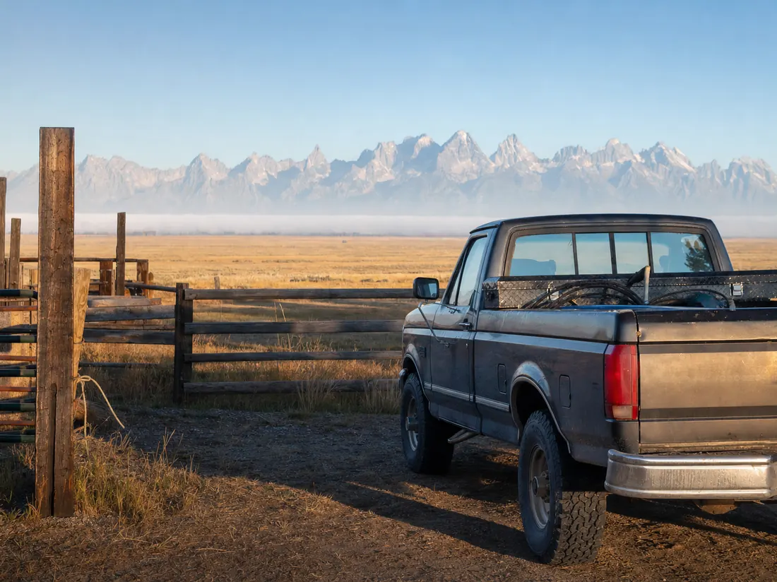 Ranch truck by a Wyoming fence with open range and the Tetons faint on the horizon - selling a car in Wyoming