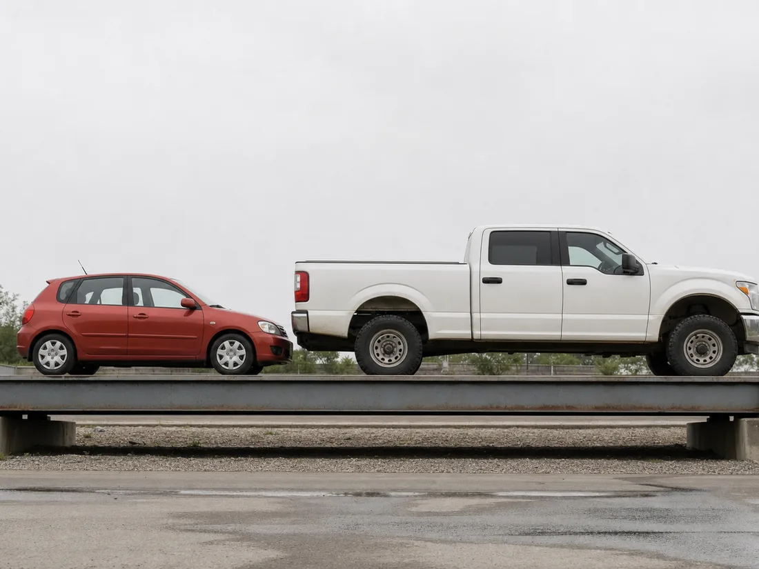 Small hatchback and full-size pickup parked side by side on an industrial weighbridge platform - the size gap that moved the fleet average