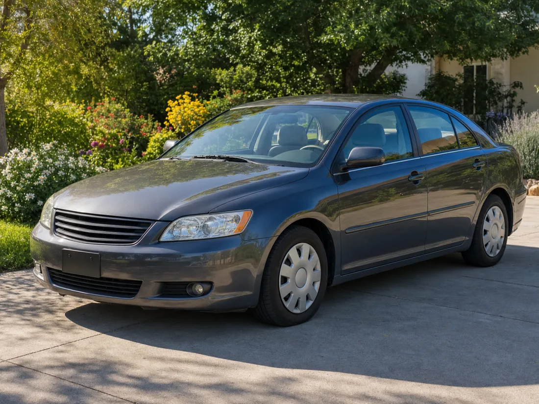 Used sedan parked on a suburban driveway in bright late-July light, long morning shadows across the concrete - the season the price data actually favors