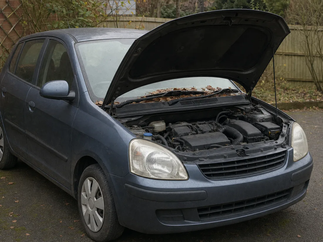 An ordinary hatchback on a driveway with its hood standing open on an overcast morning