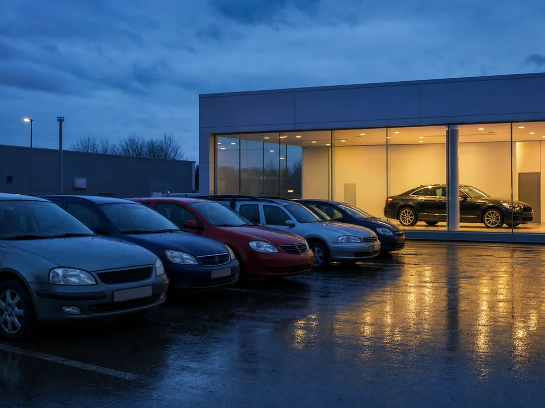 A dealership forecourt at blue hour, ordinary used cars parked in the foreground and a lit showroom behind them - the two vehicle markets this chart separates
