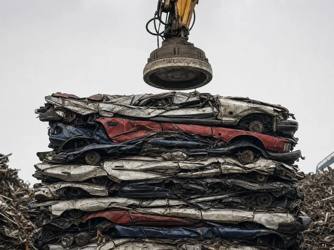 Stack of crushed, flattened cars in a scrapyard under a pale sky with a crane arm overhead - the commodity end of every junk-car offer