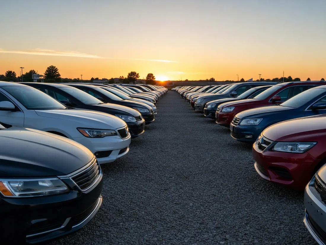 Rows of used cars on an open sales lot at golden hour, windshields catching the light down the line - the market the 70-year price index measures