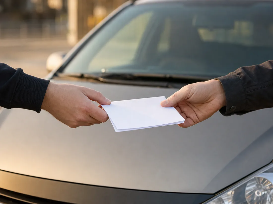 Two hands exchanging a folded blank sheet across a car hood - the receipt most states treat as optional and every seller should write anyway