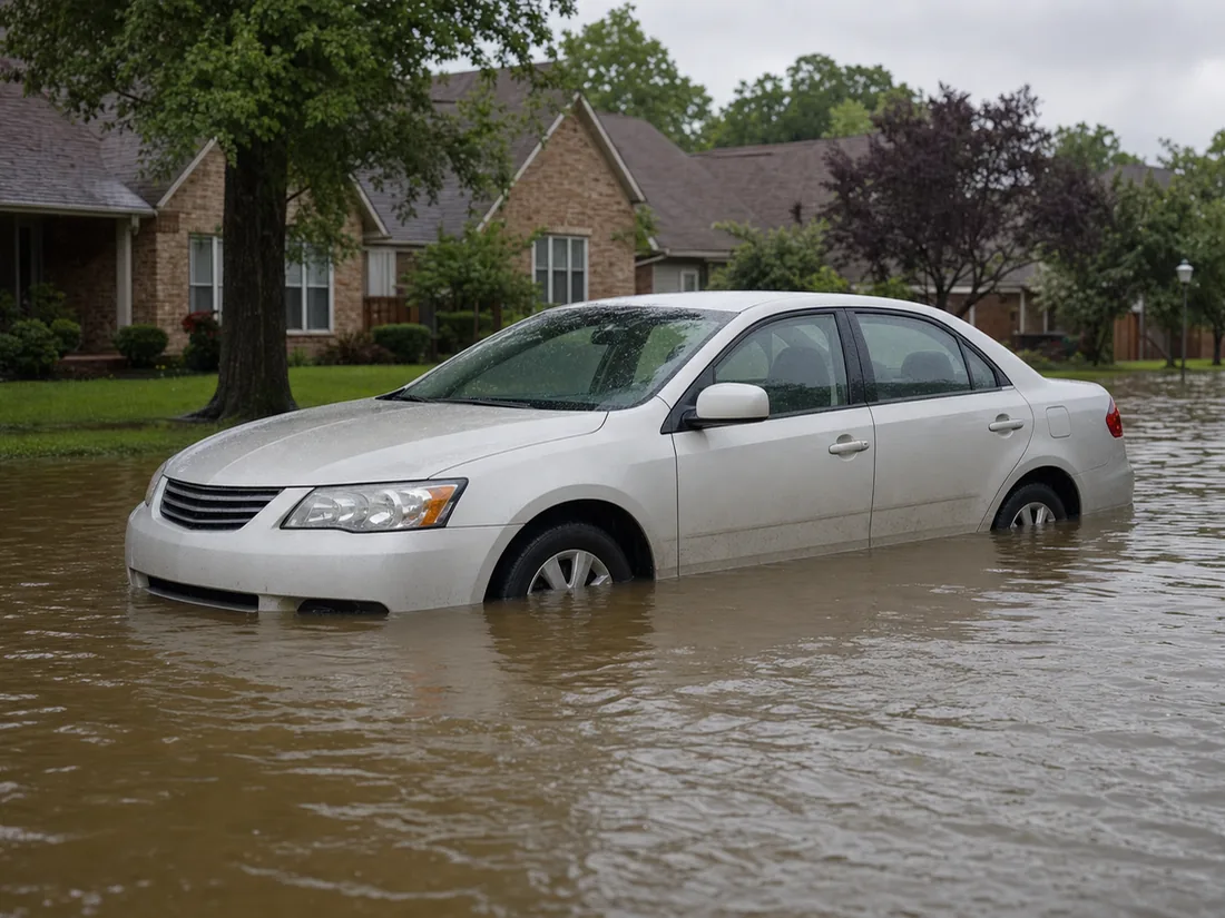 Sedan standing in murky floodwater to its door sills on a residential street - the history each state’s title brand does or does not record