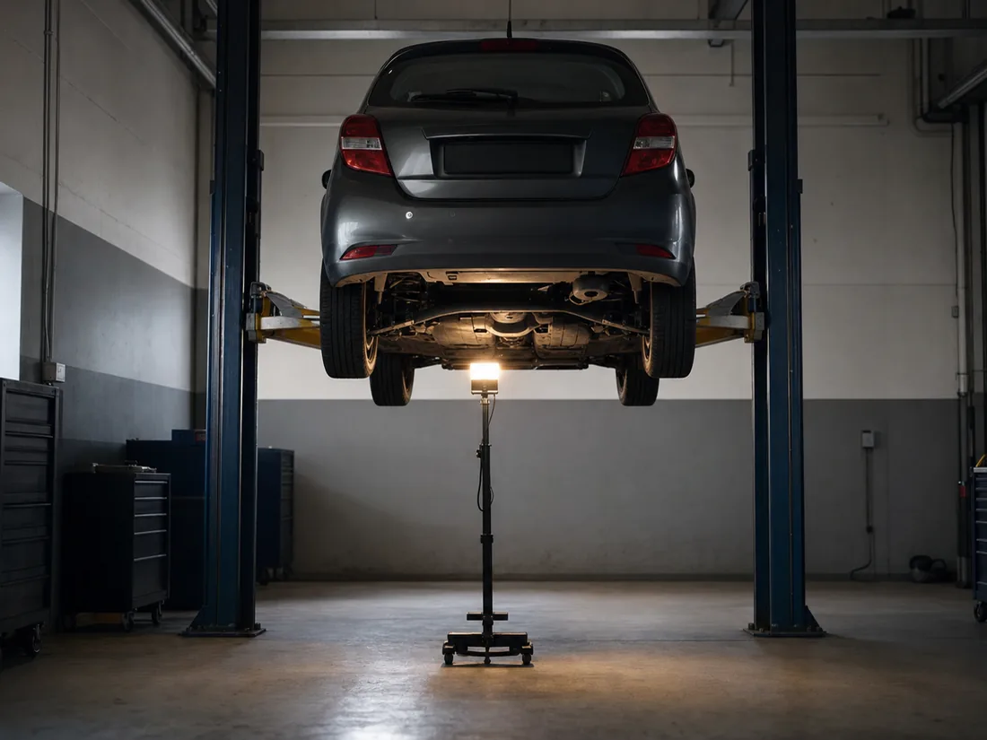 Compact car raised on a lift in an empty inspection bay, work lamp glowing under the chassis - the test most states never ask a private seller to pass