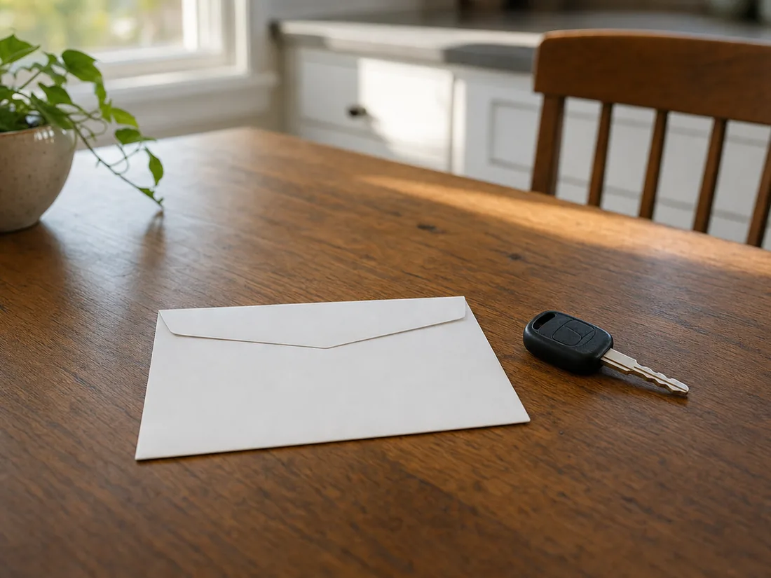 Plain envelope beside a single car key on a kitchen table - the filing that ends a seller&rsquo;s liability in the states that offer one