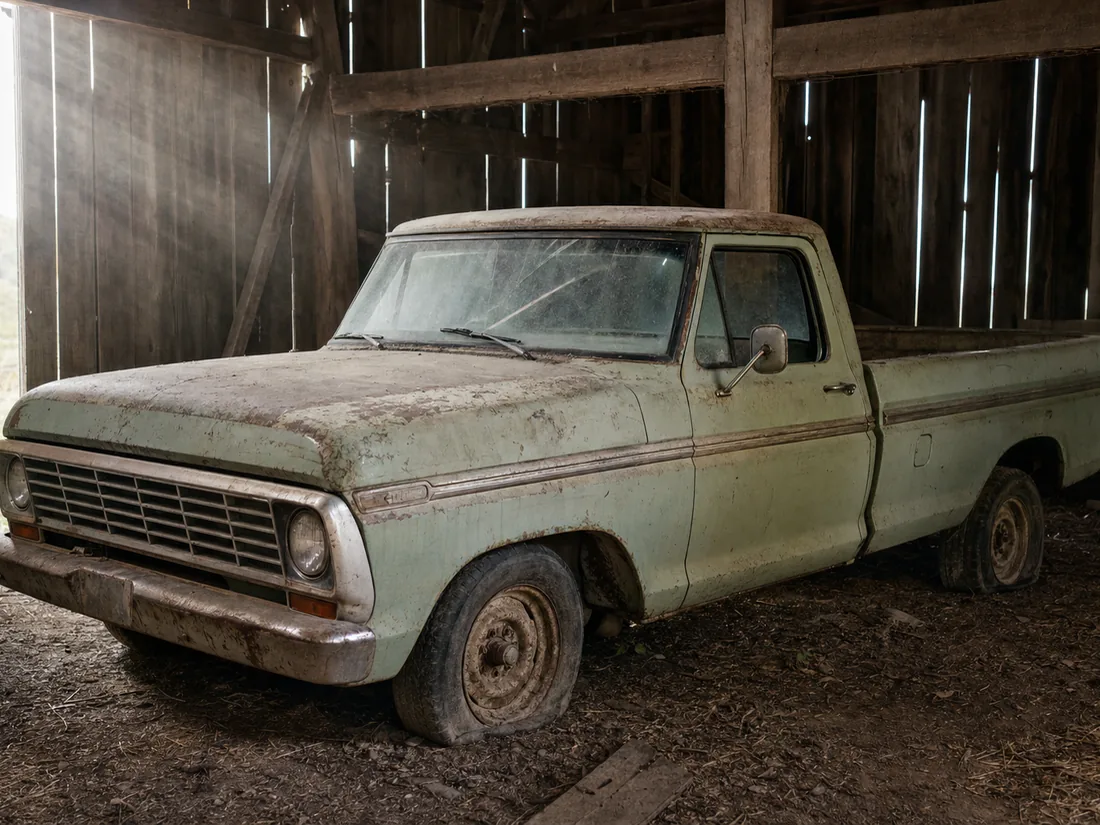 Weathered 1970s pickup in a wooden barn, dust in the light, flat tires - old enough that several states never issued it a title at all