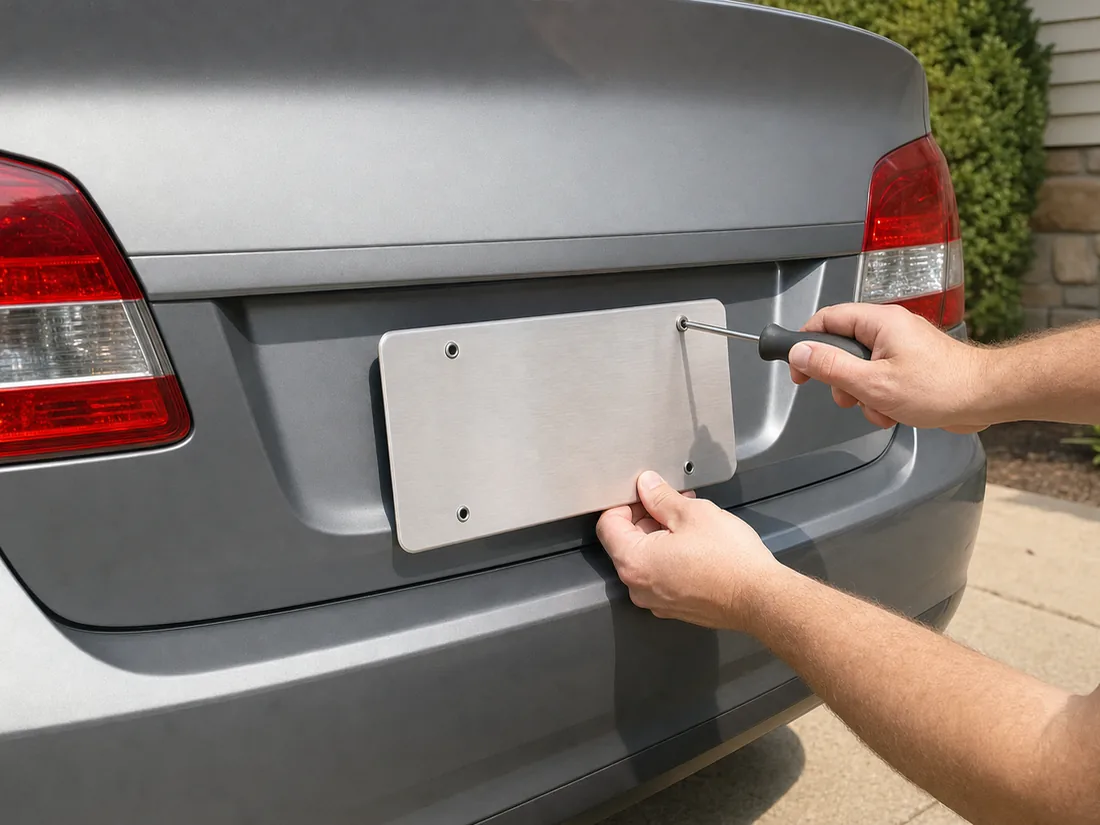 Hands unscrewing a blank metal license plate from a sedan in a home driveway - the step that is mandatory in most states and a mistake in the rest