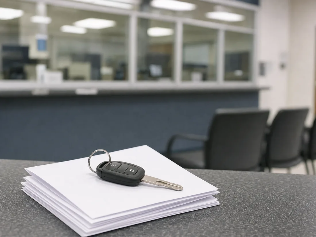 Car key resting on blank folded forms at a government counter, service window blurred behind - the annual charge every state computes differently
