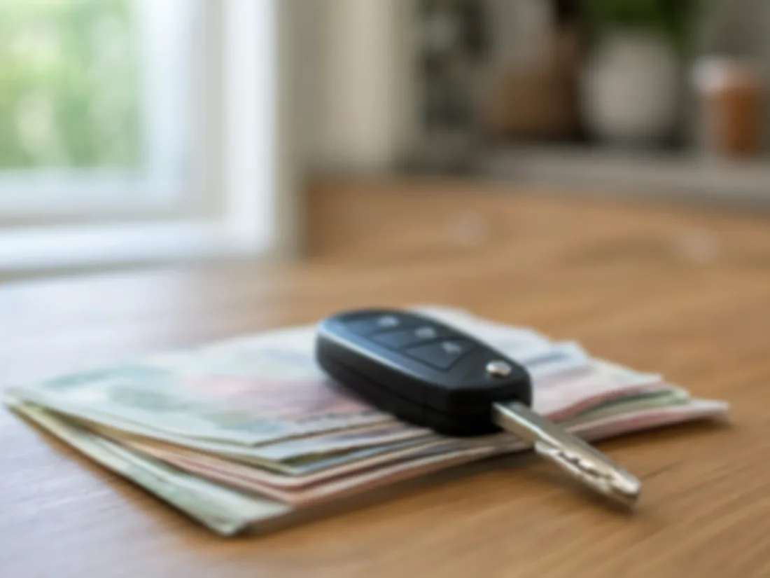 Car key resting on out-of-focus banknotes on a kitchen table - the money that mostly is not the taxman&rsquo;s when a private car sells