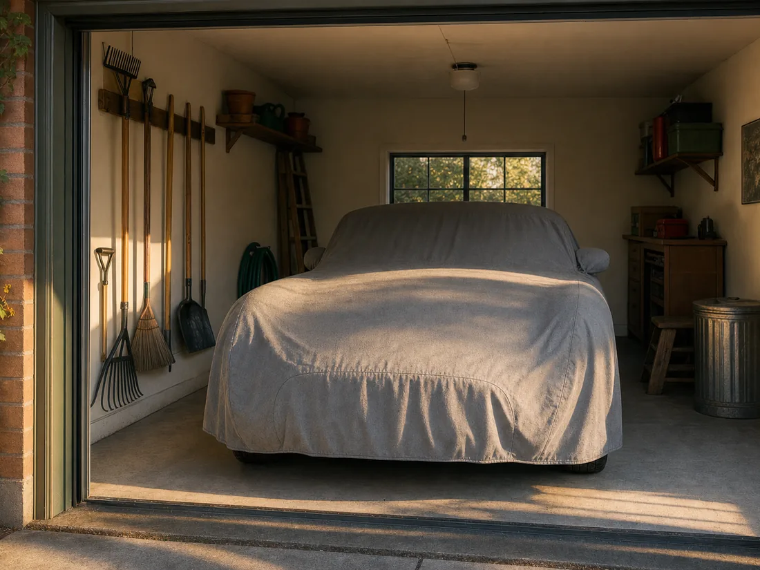 Classic car under a fitted cover in a tidy garage at evening - the vehicle a transfer-on-death title moves without a courtroom