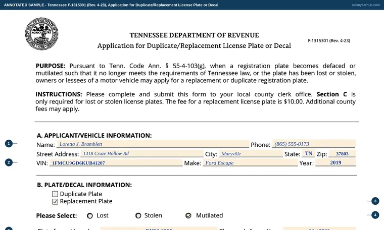 Top of our filled-in example of Tennessee F-1315301, Application for Duplicate/Replacement License Plate or Decal