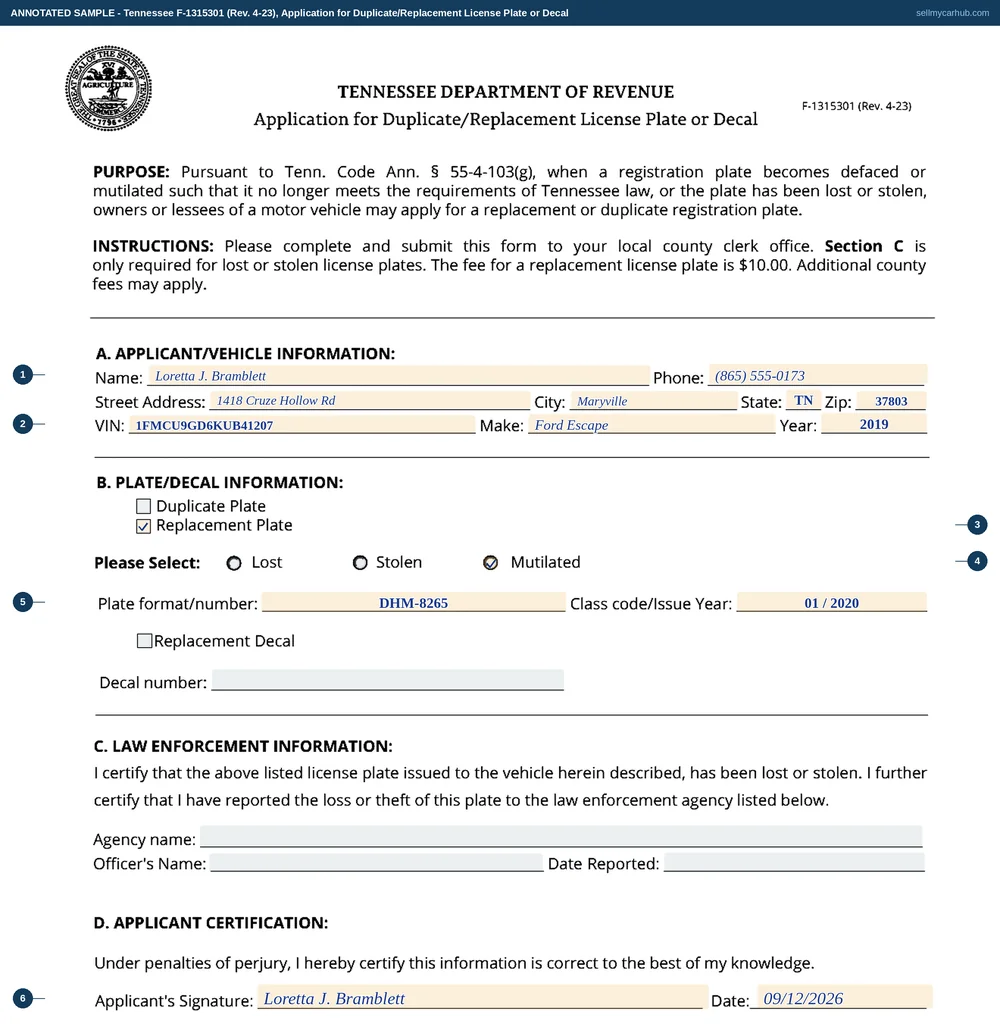 Tennessee form F-1315301 filled in: Loretta J. Bramblett of Maryville applies for a replacement plate for a 2019 Ford Escape, vehicle identification number 1FMCU9GD6KUB41207, ticking replacement plate and mutilated, giving plate DHM-8265 with class code and issue year 01 slash 2020, and signing and dating 12 September 2026.