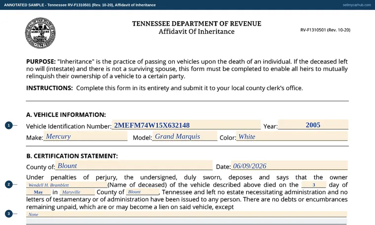 Top of our filled-in example of Tennessee RV-F1310501, Affidavit of Inheritance