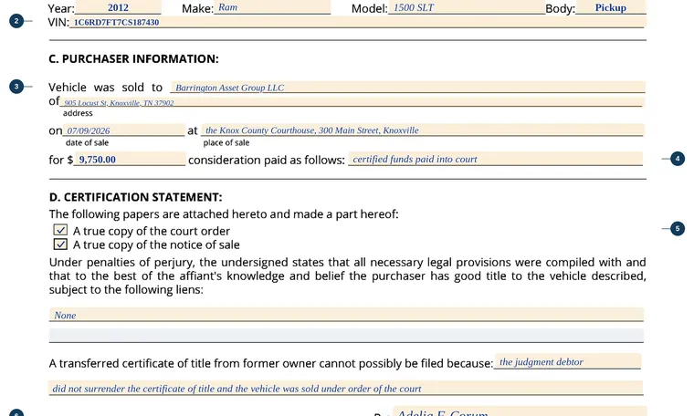 Part of our filled-in example of Tennessee RV-F1311201, Affidavit of Seller in Case of Bankruptcy, Insolvency, Attachment, Replevin or Other Judicial Sale, showing the filled-in entries