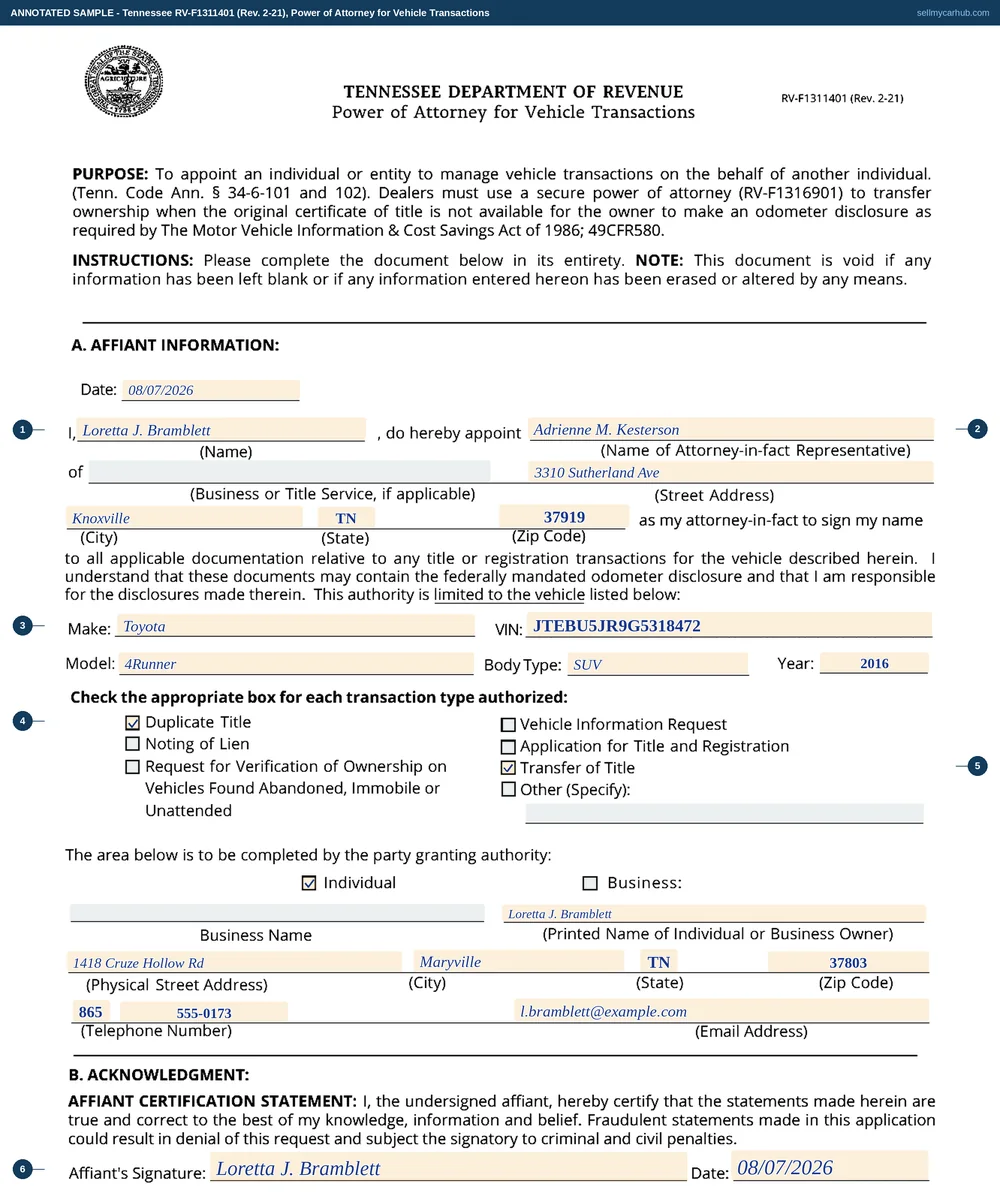 Tennessee form RV-F1311401 filled in: on 7 August 2026 Loretta J. Bramblett appoints Adrienne M. Kesterson of Knoxville as her attorney-in-fact for a 2016 Toyota 4Runner, vehicle identification number JTEBU5JR9G5318472, ticking duplicate title and transfer of title, identifying the granting party as an individual, and signing and dating the acknowledgment.