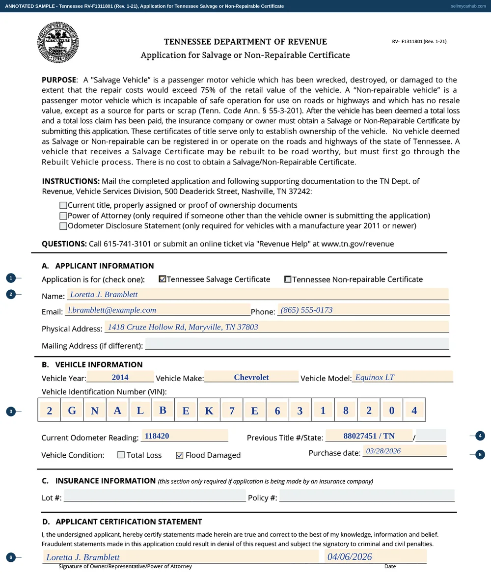 Tennessee form RV-F1311801 filled in: Loretta J. Bramblett of Maryville applies for a Tennessee Salvage Certificate for a 2014 Chevrolet Equinox LT, vehicle identification number 2GNALBEK7E6318204 written one character per printed cell, current odometer reading 118,420, previous title 88027451 in Tennessee, the flood damaged box ticked, purchase date 28 March 2026, signed and dated 6 April 2026.