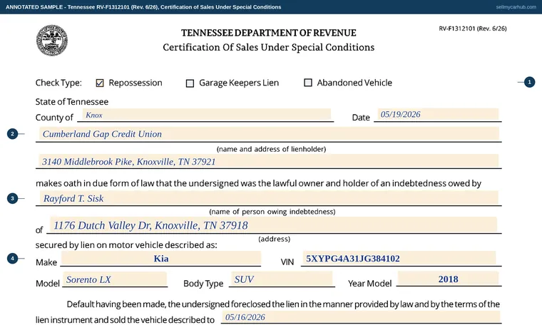 Top of our filled-in example of Tennessee RV-F1312101, Certification of Sales Under Special Conditions