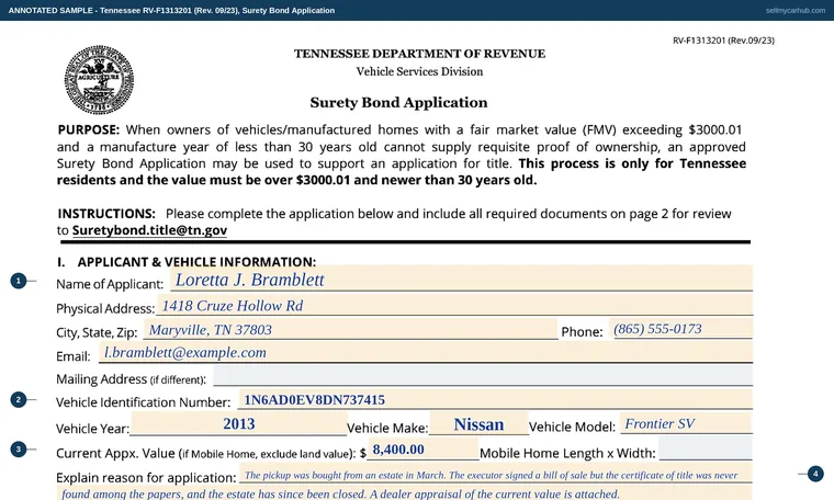 Top of our filled-in example of Tennessee RV-F1313201, Surety Bond Application