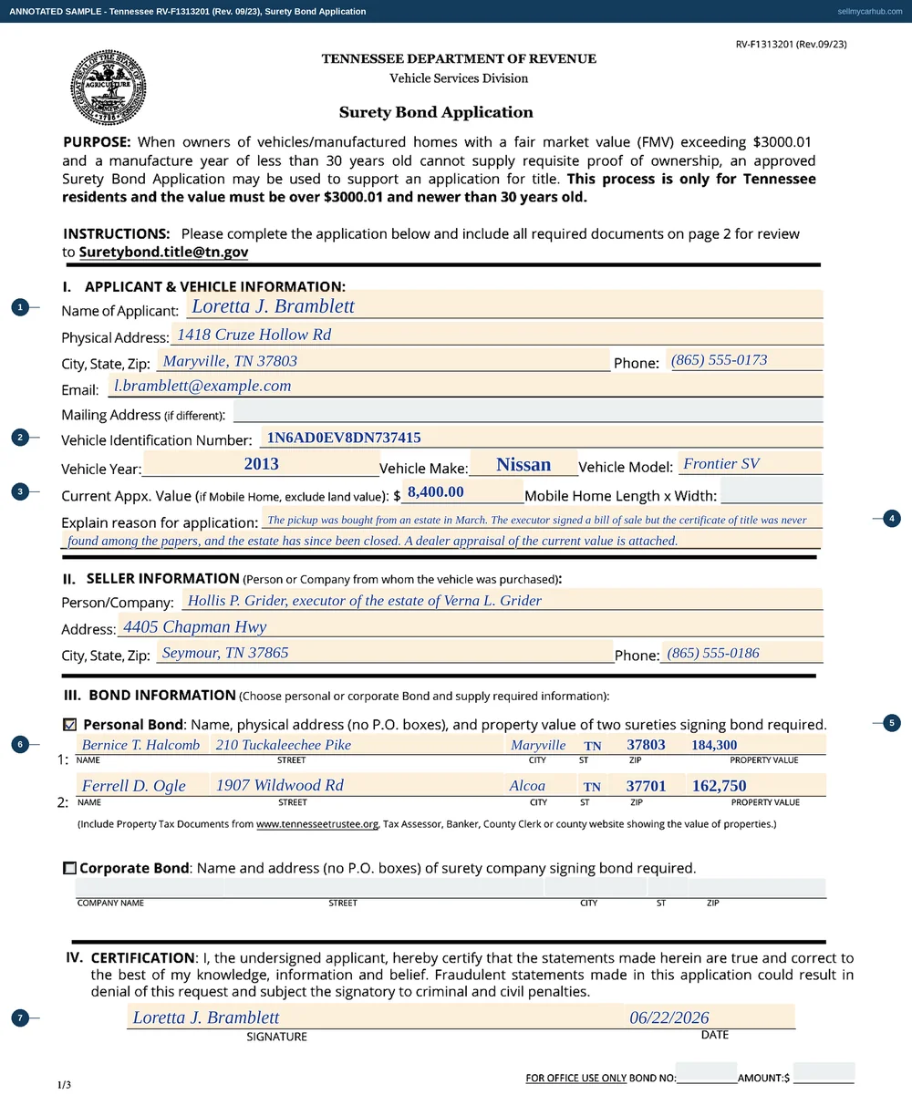 Tennessee form RV-F1313201 filled in: Loretta J. Bramblett of Maryville applies for a surety bond on a 2013 Nissan Frontier SV, vehicle identification number 1N6AD0EV8DN737415, valued at 8,400 dollars, bought from Hollis P. Grider as executor of an estate whose certificate of title was never found, with the personal bond box ticked and two Tennessee landowners named as sureties with their property values, signed and dated 22 June 2026.