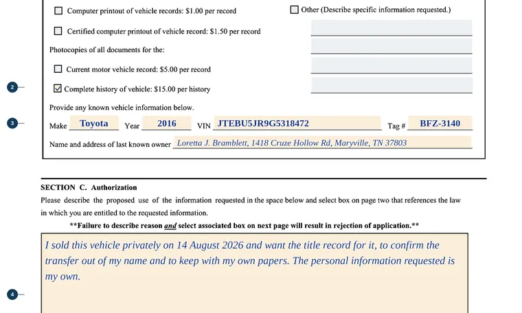 Part of page 1 of our filled-in example of Tennessee RV-F1313801, Vehicle Information Request, showing the filled-in entries