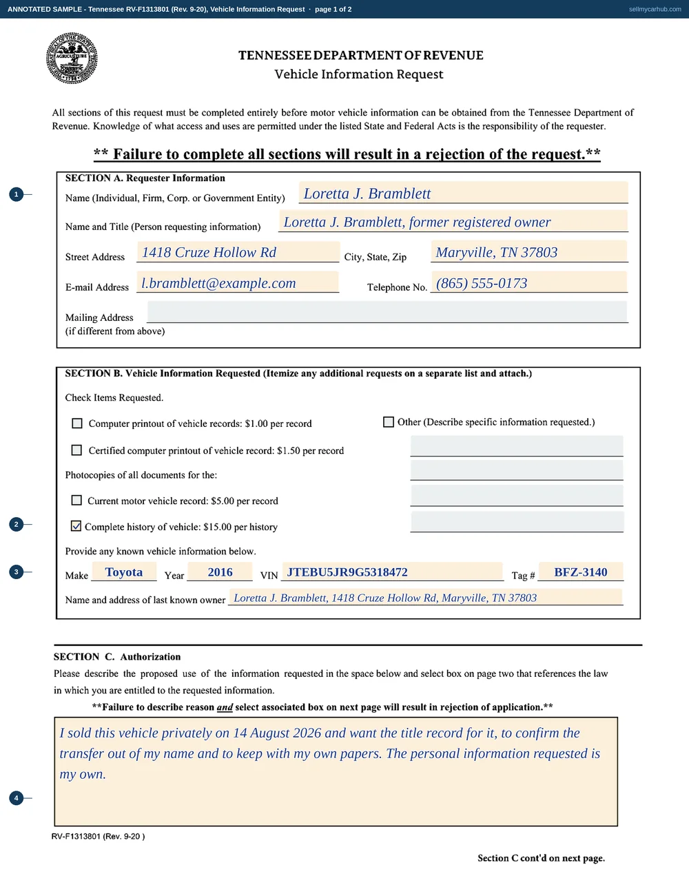 Both pages of Tennessee form RV-F1313801 filled in: Loretta J. Bramblett of Maryville, described as former registered owner, requests a complete history of the vehicle at fifteen dollars for a 2016 Toyota, vehicle identification number JTEBU5JR9G5318472, tag BFZ-3140, describing the reason as a private sale on 14 August 2026 and a wish to confirm the transfer out of her name; on page two the written-consent box is ticked and the form is signed with her driver licence number, state and the date 28 August 2026.