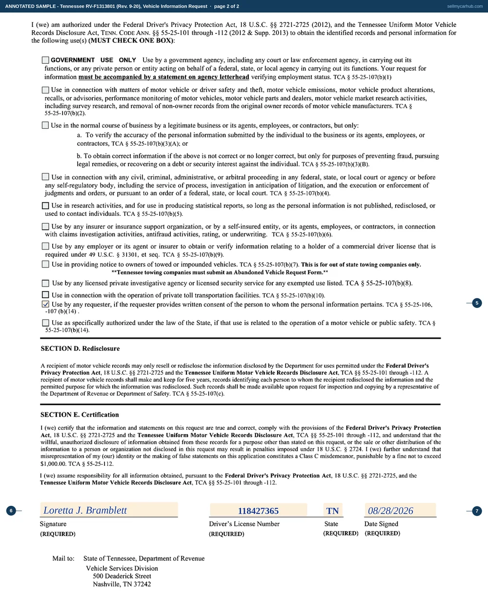 Both pages of Tennessee form RV-F1313801 filled in: Loretta J. Bramblett of Maryville, described as former registered owner, requests a complete history of the vehicle at fifteen dollars for a 2016 Toyota, vehicle identification number JTEBU5JR9G5318472, tag BFZ-3140, describing the reason as a private sale on 14 August 2026 and a wish to confirm the transfer out of her name; on page two the written-consent box is ticked and the form is signed with her driver licence number, state and the date 28 August 2026.