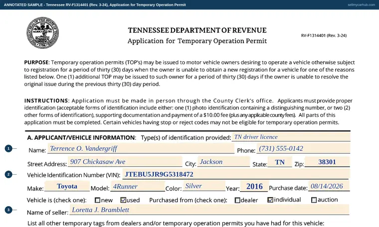 Top of our filled-in example of Tennessee RV-F1314401, Application for Temporary Operation Permit