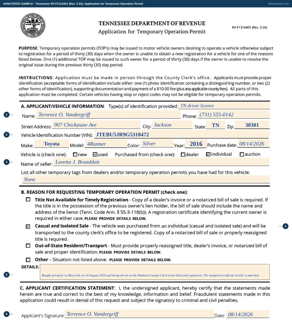 Tennessee form RV-F1314401 filled in by the buyer: Terrence O. Vandergriff of Jackson applies for a temporary operation permit for a 2016 Toyota 4Runner, vehicle identification number JTEBU5JR9G5318472, bought used from an individual named as Loretta J. Bramblett on 14 August 2026, with the casual and isolated sale box ticked and details explaining that the vehicle is being driven to the Madison County Clerk to be titled and registered.
