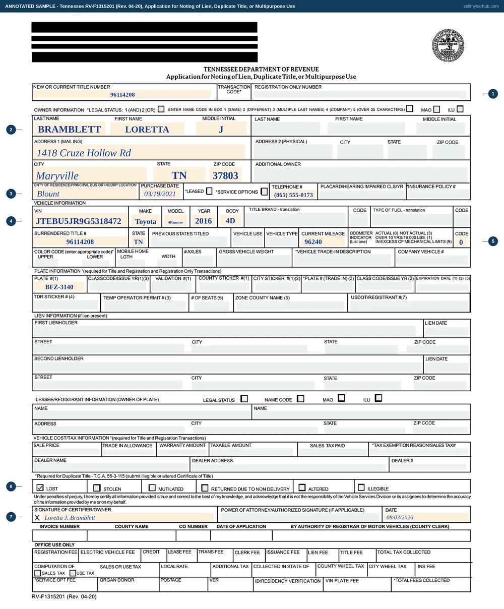 Tennessee form RV-F1315201 filled in as a duplicate title application: Loretta J. Bramblett of Maryville, Blount County, title number 96114208, a 2016 Toyota 4Runner, vehicle identification number JTEBU5JR9G5318472, body 4D, current mileage 96,240 with odometer indicator 0, plate BFZ-3140, the LOST box ticked in the duplicate row, and the certifier signature and date completed.