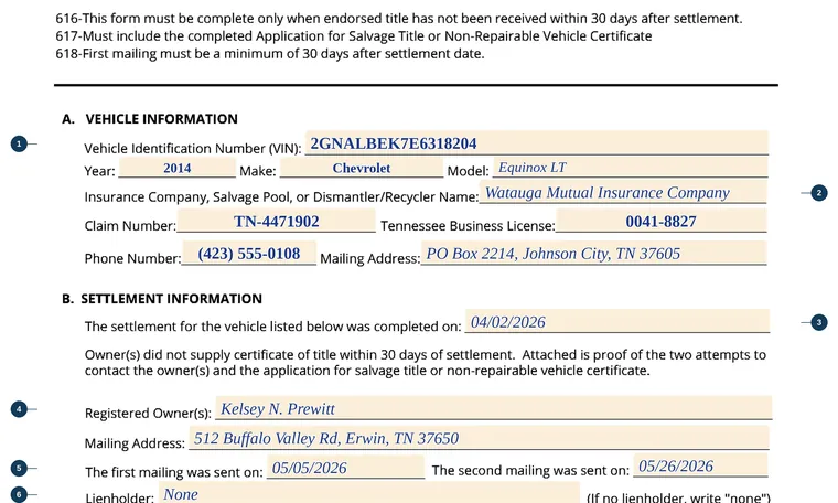 Part of our filled-in example of Tennessee RVF-16038, Insurance Company Form Without Endorsed Title, showing the filled-in entries