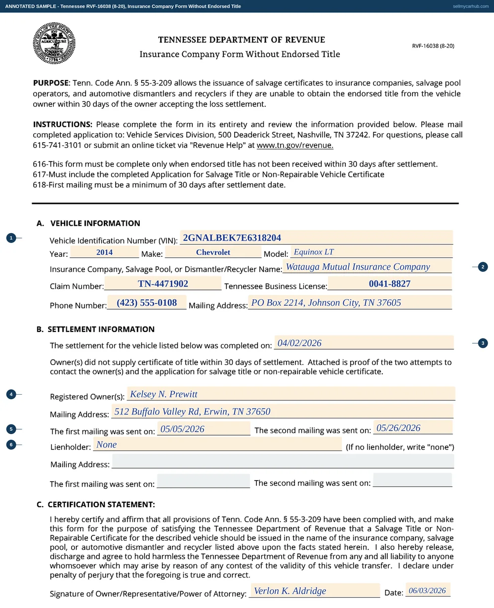 Tennessee form RVF-16038 filled in by an insurer: Watauga Mutual Insurance Company of Johnson City, claim TN-4471902, for a 2014 Chevrolet Equinox LT, vehicle identification number 2GNALBEK7E6318204, settled on 2 April 2026, records that registered owner Kelsey N. Prewitt of Erwin did not supply the title, with first and second mailings sent on 5 May and 26 May 2026, the lienholder line reading None, signed by a company representative on 3 June 2026.
