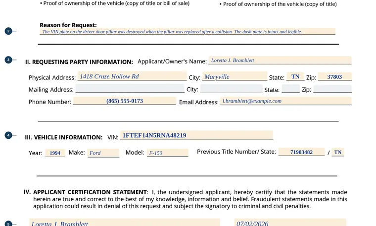 Part of our filled-in example of Tennessee RVR-00115, Application for Replacement Vehicle Identification Number or TNVIN, showing the filled-in entries