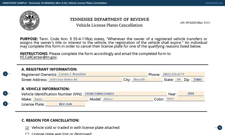 Top of our filled-in example of Tennessee VS-09162021, Vehicle License Plates Cancellation
