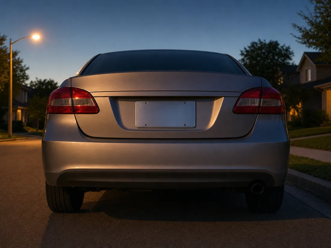 Rear of a parked sedan with a blank metal plate at dusk - the seven characters everyone wants to search and the law mostly will not let them