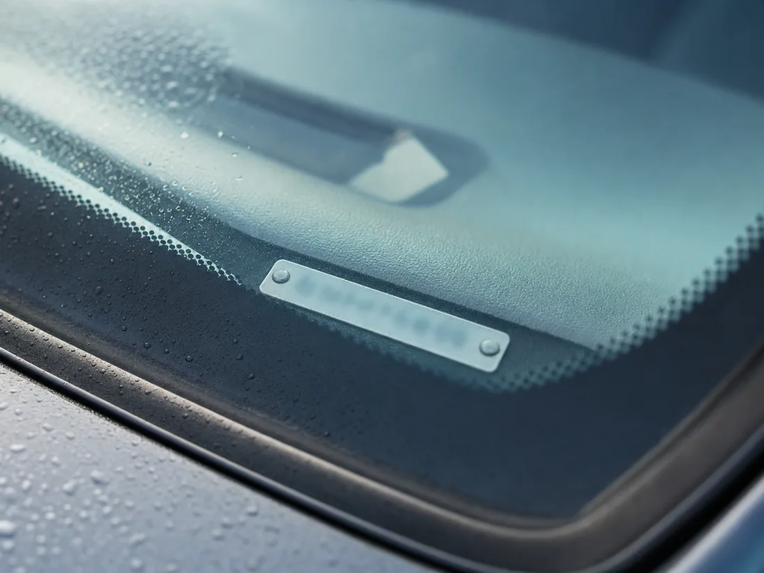 VIN plate at the base of a windshield seen through the glass, characters out of focus - the 17 characters the federal decoder reads