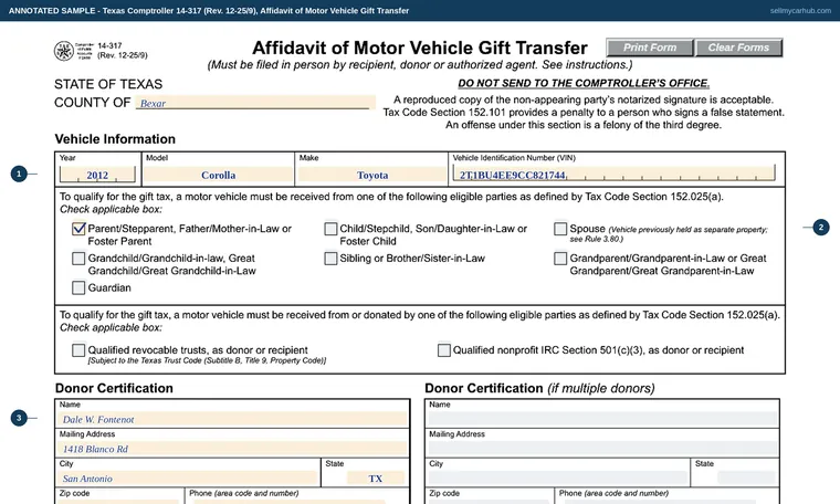 Top of our filled-in example of Texas 14-317, Affidavit of Motor Vehicle Gift Transfer