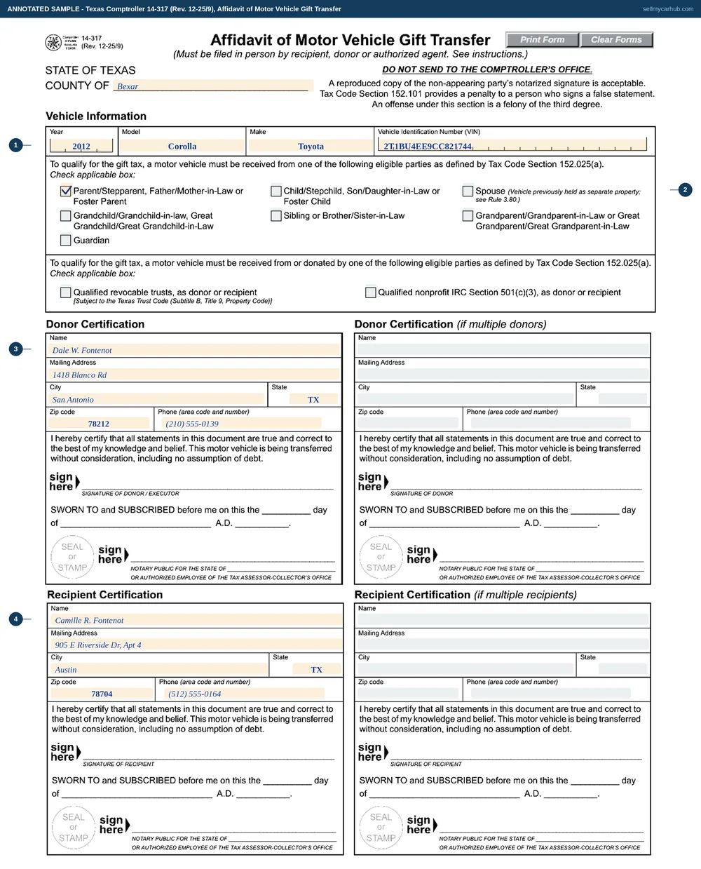 The Texas Comptroller 14-317 gift affidavit filled in: Bexar County, a 2012 Toyota Corolla with its VIN in the comb, the Parent/Stepparent box ticked, donor Dale W. Fontenot of San Antonio and recipient Camille R. Fontenot of Austin, with both signature and notary blocks left blank.