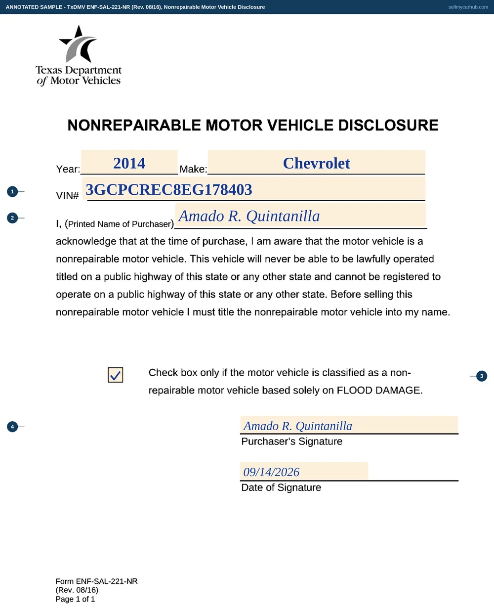 The Texas ENF-SAL-221-NR nonrepairable disclosure filled in: a 2014 Chevrolet Silverado 1500 with its VIN, purchaser Amado R. Quintanilla, the flood-damage-only box ticked, signed and dated 14 September 2026.