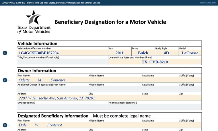 Top of our filled-in example of Texas VTR-121, Beneficiary Designation for a Motor Vehicle