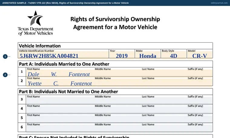 Top of our filled-in example of Texas VTR-122, Rights of Survivorship Ownership Agreement for a Motor Vehicle
