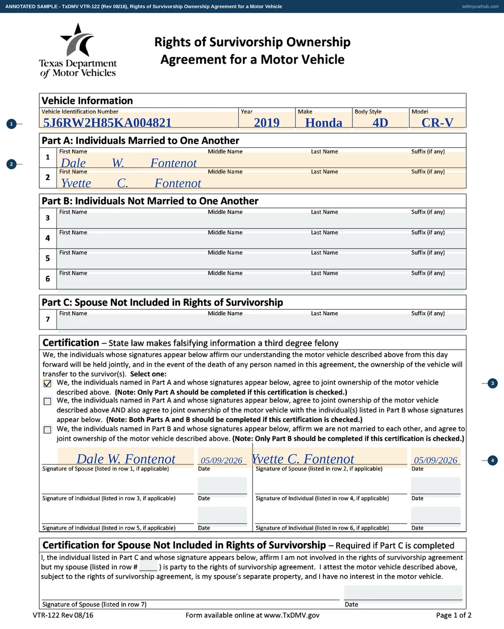 The Texas VTR-122 rights of survivorship agreement filled in: a 2019 Honda CR-V, Dale W. Fontenot and Yvette C. Fontenot in Part A, the first certification box ticked, both spouses signed and dated May 2026.
