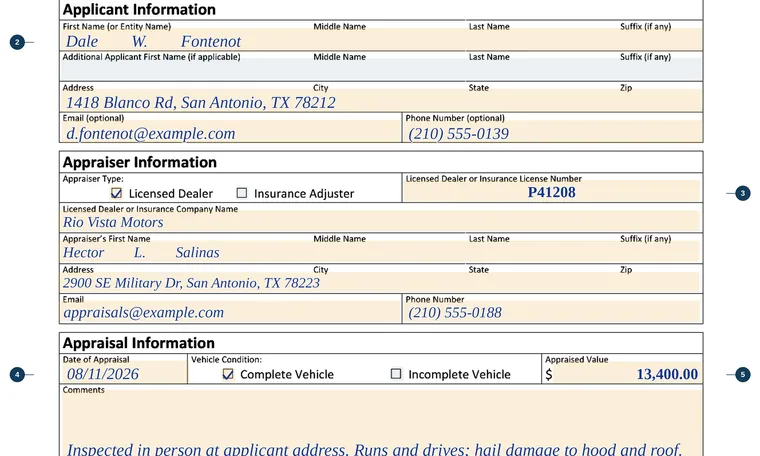 Part of our filled-in example of Texas VTR-125, Motor Vehicle Appraisal for Tax Collector Hearing / Bonded Title, showing the filled-in entries