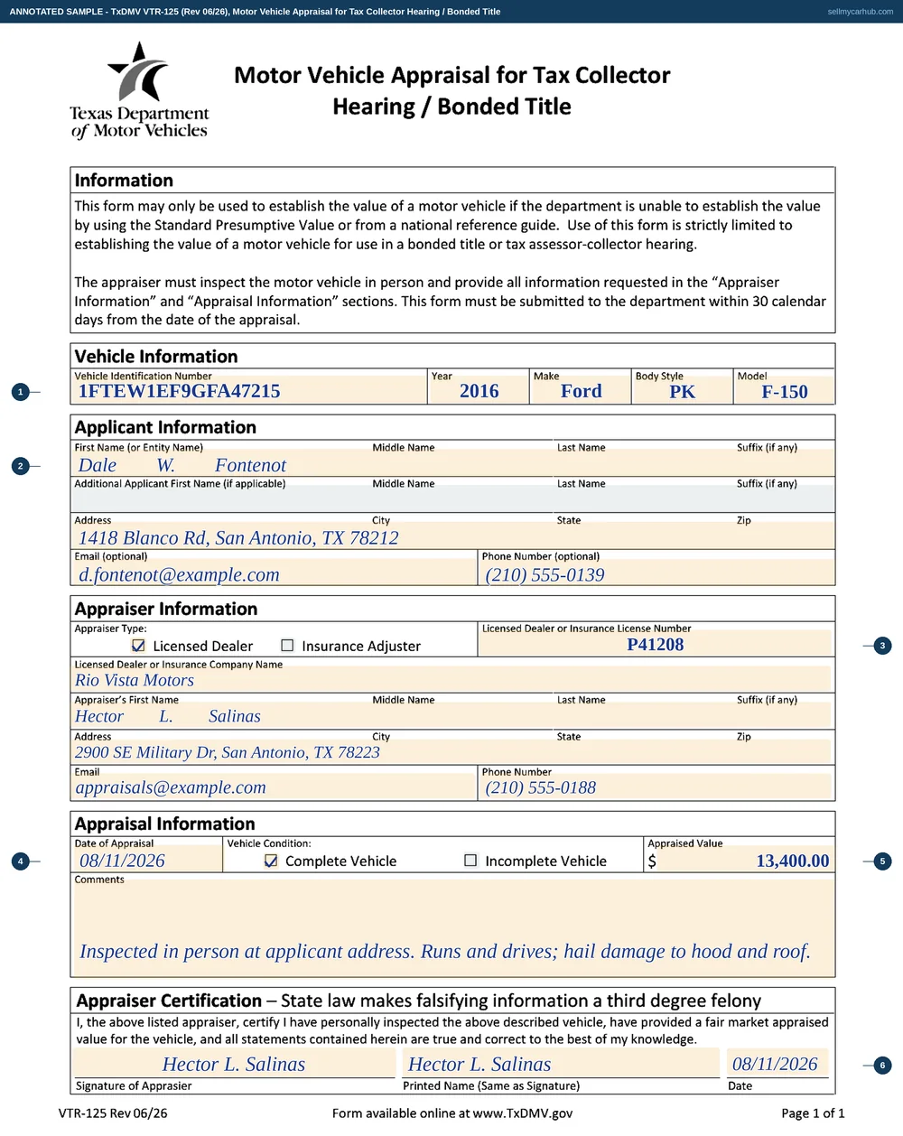 The Texas VTR-125 appraisal filled in: a 2016 Ford F-150, applicant Dale W. Fontenot of San Antonio, appraiser Hector L. Salinas of Rio Vista Motors with a dealer licence number, complete vehicle, appraised at $13,400 on 11 August 2026 with comments about hail damage.