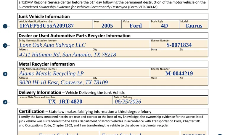 Part of our filled-in example of Texas VTR-203, Bill of Sale for a Junk Motor Vehicle, showing the filled-in entries