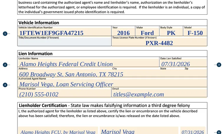 Part of our filled-in example of Texas VTR-266, Prescribed Form for Release of Lien, showing the filled-in entries
