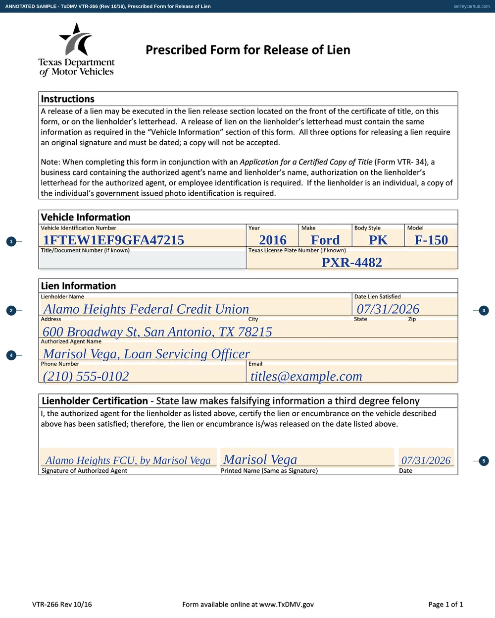 The Texas VTR-266 release of lien filled in: a 2016 Ford F-150, Alamo Heights Federal Credit Union named as lienholder with a San Antonio address, the lien satisfied 31 July 2026, and the release signed in the company’s name by loan servicing officer Marisol Vega.