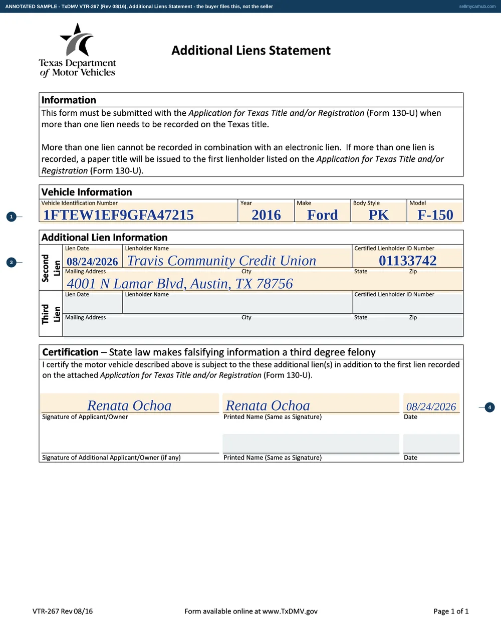 The Texas VTR-267 additional liens statement filled in: a 2016 Ford F-150, a second lien dated 24 August 2026 to Travis Community Credit Union of Austin with a certified lienholder ID, signed by buyer Renata Ochoa; the third-lien block left empty.